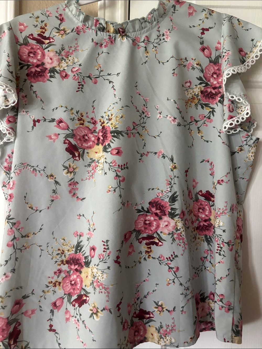 SHEIN Light Blue Floral Ruffle Sleeve Top